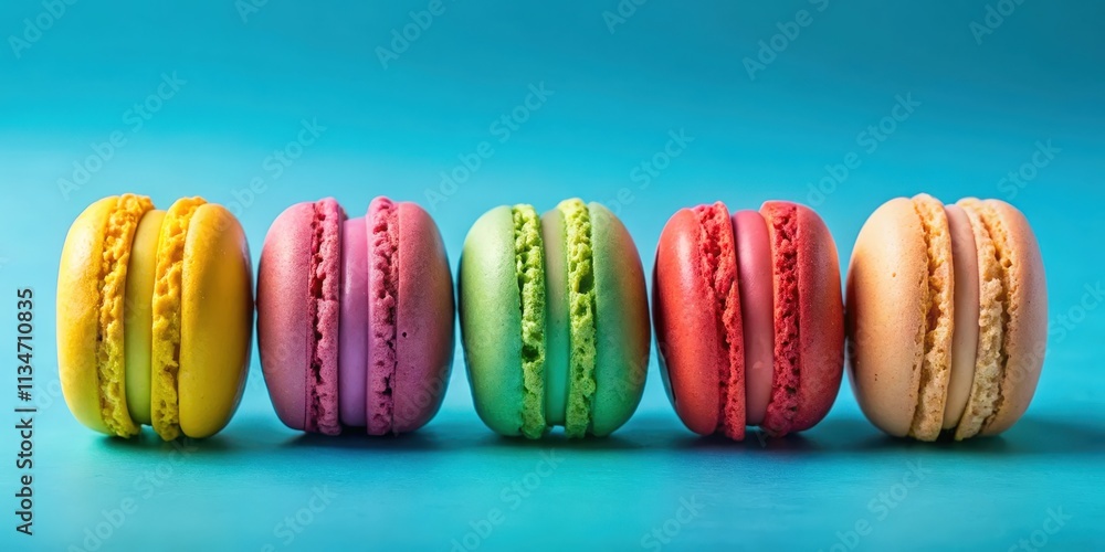 Poster a row of colorful macarons against a vibrant blue background, showcasing their delicate texture and 