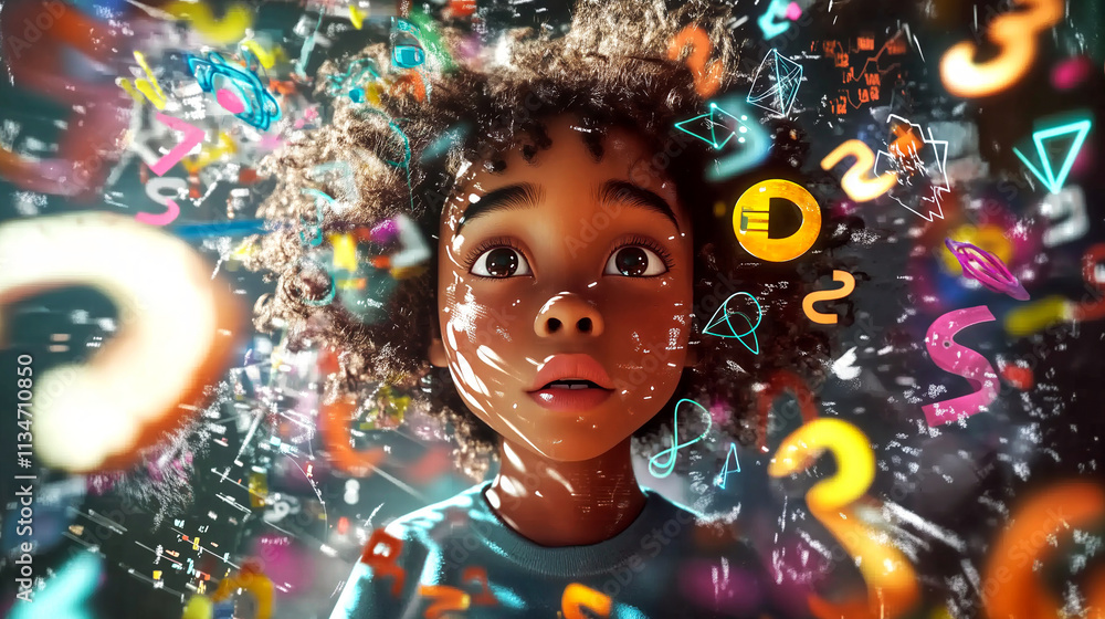 Poster child exploring a world of colorful numbers and symbols