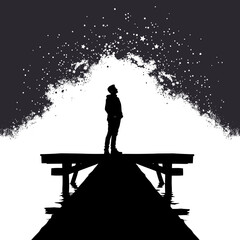 Silhouette of a man standing on a pier, looking up at a night sky filled with stars.