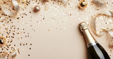 Champagne bottle with gold confetti and ribbons on beige background for celebration and party decor