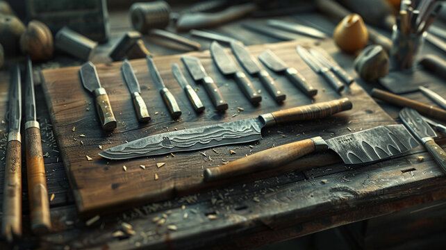 Wooden Board with Carving Knives: A set of professional carving knives laid out on a wooden board, emphasizing the tools needed for intricate craftsmanship.