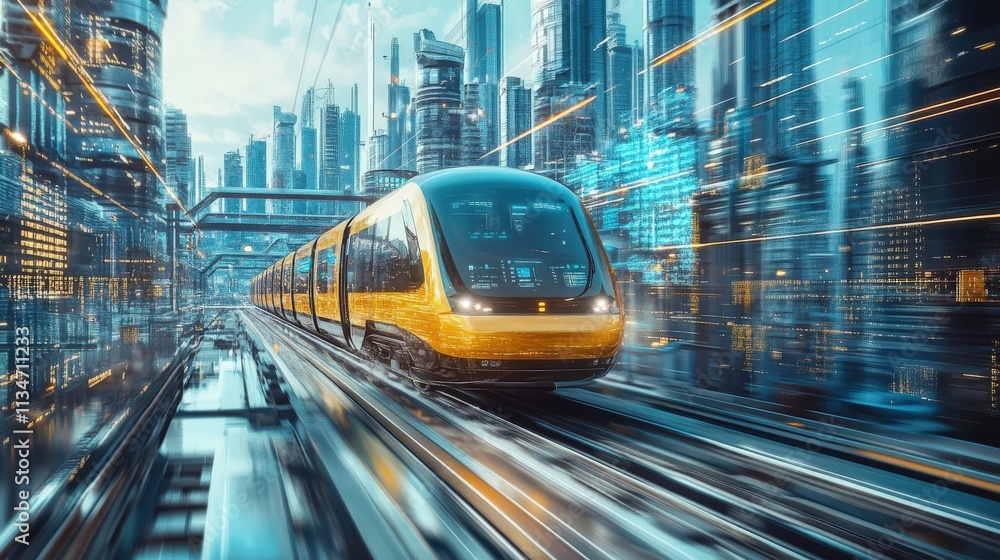 Poster futuristic train speeding through a neon cityscape, showcasing advanced transportation technology an