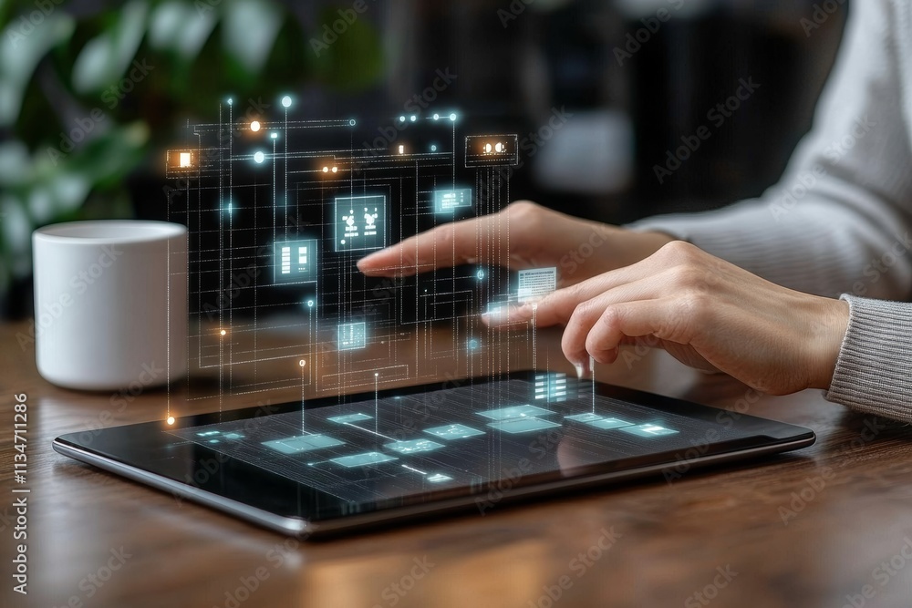 Aufkleber digital marketing strategy and business process workflow analysis with flowchart on tablet