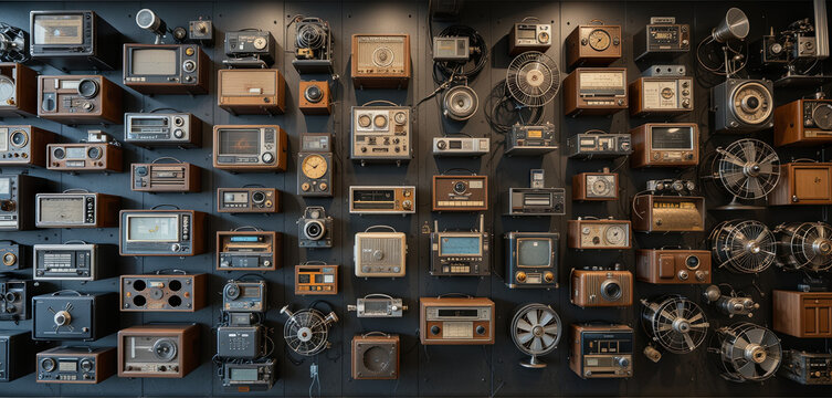 Rows of vintage radios are arranged on a dark wall, displaying various models and designs from different eras, highlighting audio technology development and nostalgia