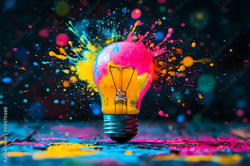 Poster colorful paint exploding from a lightbulb on a dark background.