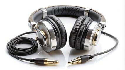 Professional DJ Headphones with Wire Cable Isolated on White Background - High-Quality Over-Ear Headset for Music Production and Mixing - Perfect for Audiophiles and DJs