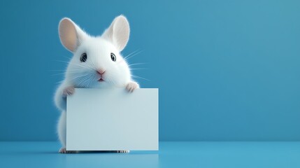 A charming animal holding a blank sign with a simple and vibrant blue background to highlight the subject 