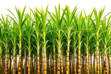 Panoramic view: isolated sugarcane stalks, stark against a pure white backdrop.