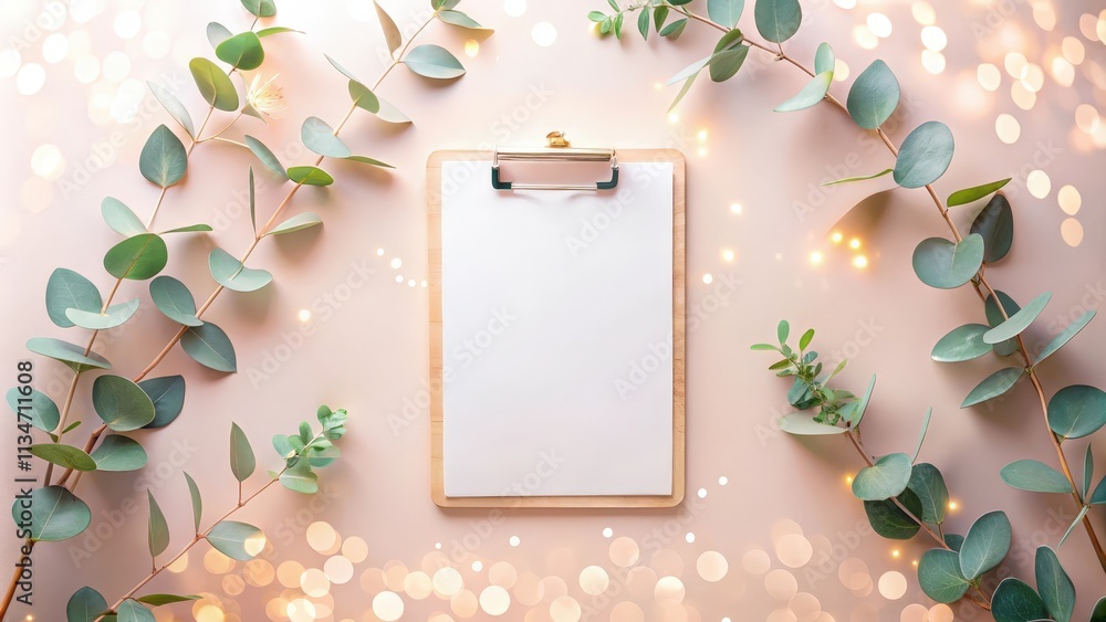 Aufkleber a blank clipboard surrounded by eucalyptus leaves and shimmering lights, ready for your message or i