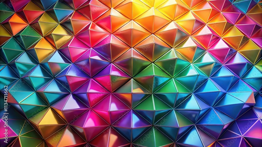 Poster abstract geometric pattern of iridescent triangular prisms, with a gradient of vibrant colors, captu