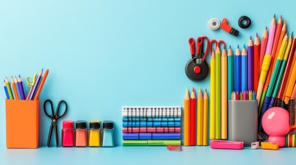 Colorful School Stationery Flat Lay on Light Blue Background with Scissors, Pencils, Markers, Paper Clips, and Notebook