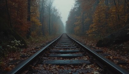 Fototapeta premium Train Tracks Through An Autumnal Foggy Forest