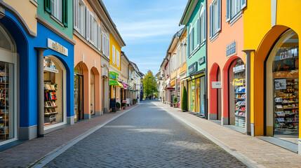 Colorful street with shops and cobblestone pavement on a sunny day.