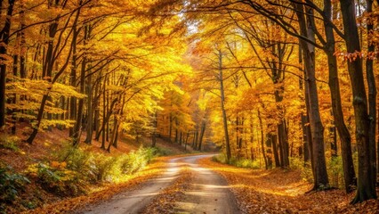 Fototapeta premium A winding path through a forest of golden autumn leaves, the sun shining through the trees creating a magical glow.