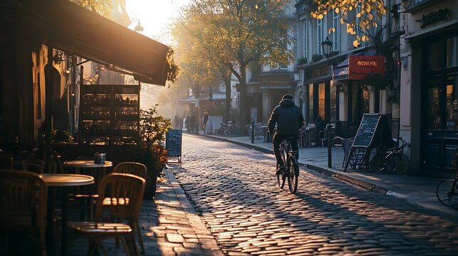 Parisian Sunrise Cyclist Rides Cobblestone Street