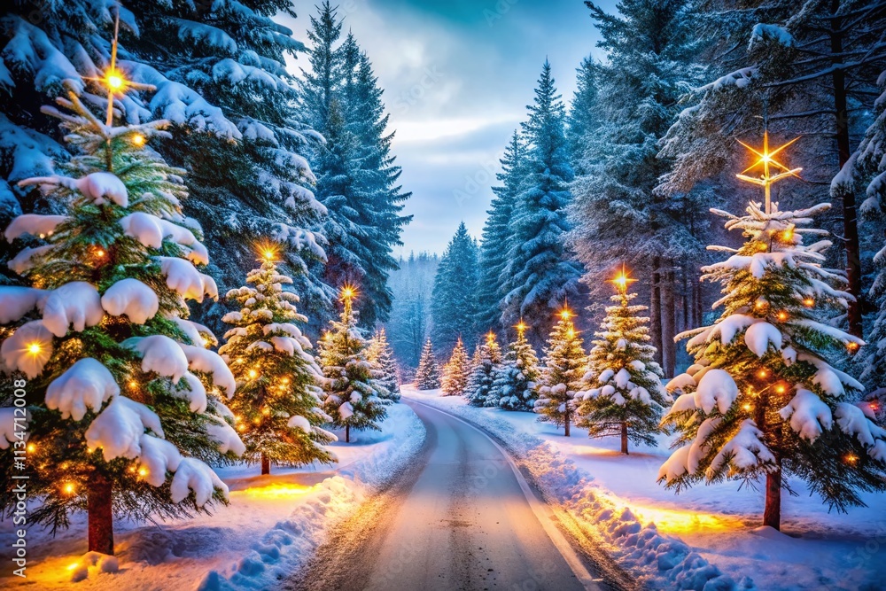 Poster bokeh effect winter forest pathway with christmas trees adorned in twinkling garland lights creating