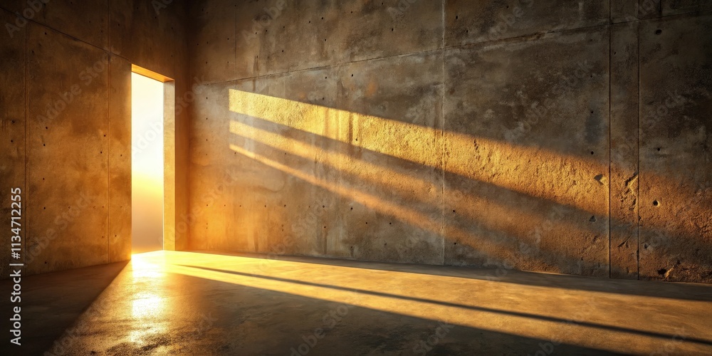 Poster sunlight streams through a doorway in a concrete room, casting long shadows on the floor