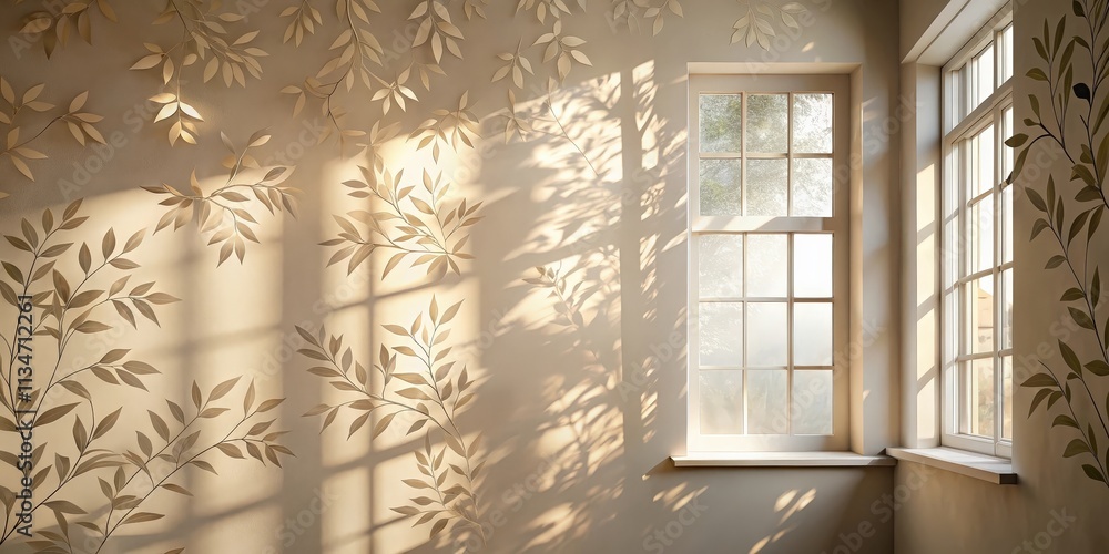 Poster sunlight streams through a window casting delicate leaf shadows on a wall adorned with a subtle, rep