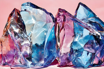 Colorful translucent crystal shards against pink background.