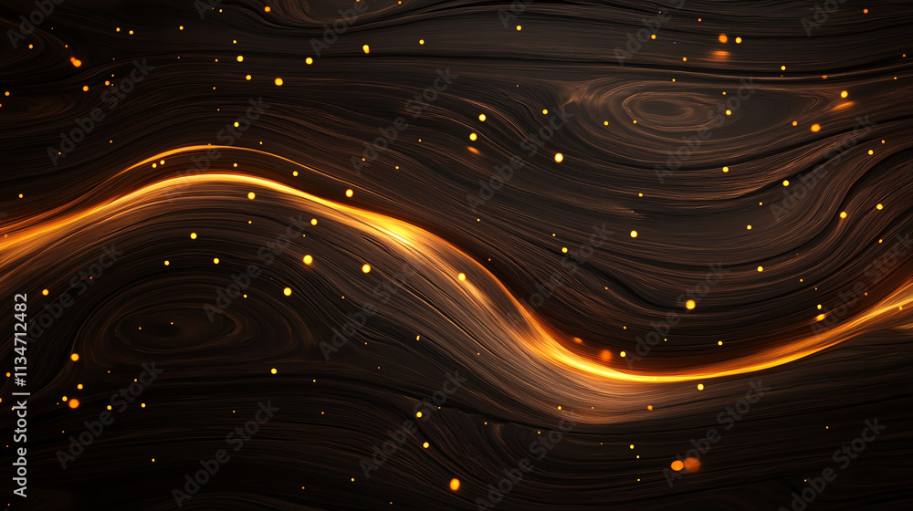 Poster abstract wavy background with glowing lines and sparkling lights in a dark theme.