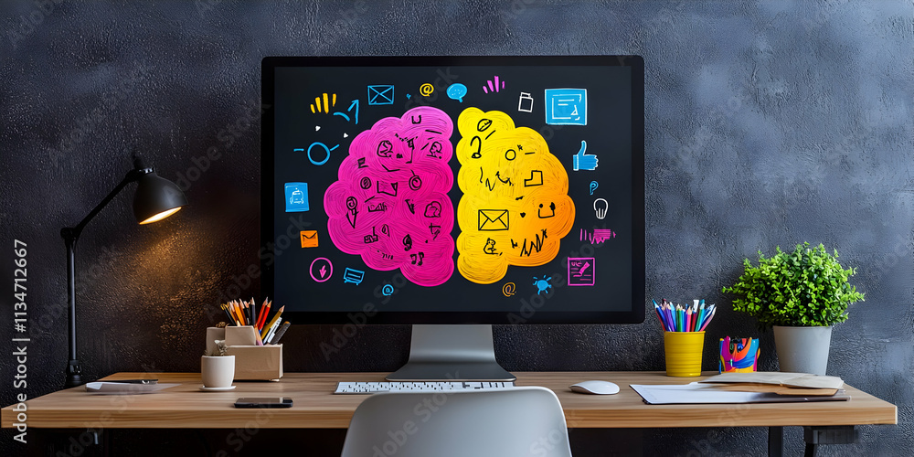 Poster computer screen displaying a brain divided into two hemispheres, symbolizing creative and analytical
