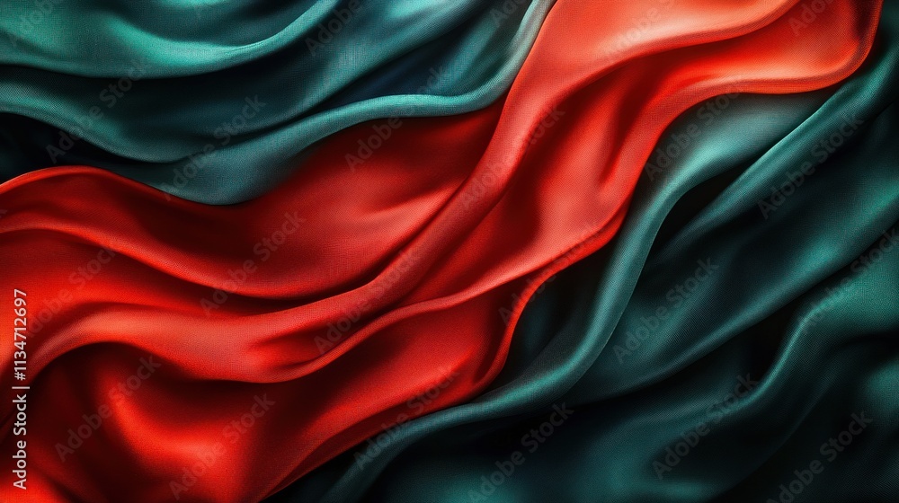Poster wavy silk fabric background in rich red and dark green tones with abstract design and smooth texture
