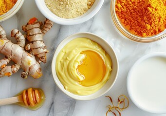 turmeric, honey, cream, spices, healthy, natural ingredients, organic, background, yellow, cooking, culinary art, wellness, dietary, nutritious, food styling, close up, preparation, bowl, fresh