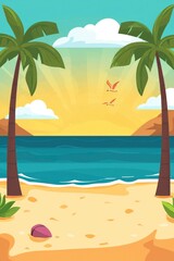 Obraz premium Tropical Beach Scene With Palm Trees Ocean And Birds