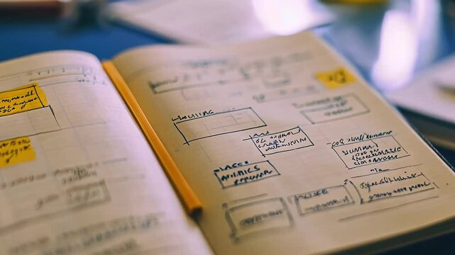 Open notebook with hand-drawn diagrams and notes, yellow pencil.  Perfect for illustrating planning, brainstorming, or project management concepts.