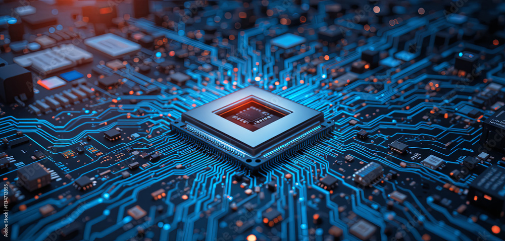 Poster a close-up view of a complex circuit board featuring a central microprocessor surrounded by vibrant 
