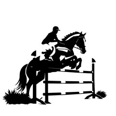 Silhouette of a horse jumping over an obstacle with a rider