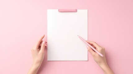 Top View of Female Hands Holding Pink Pen and Clipboard with Paper on Pastel Pink Background