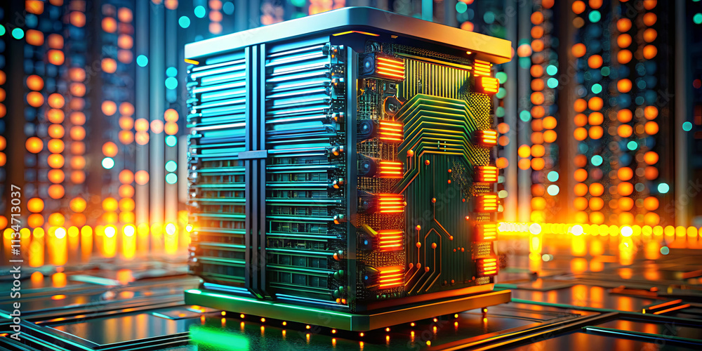 Poster a modern computer hardware component is illuminated with vibrant lights, set against a backdrop of g