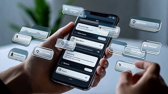 Hands holding smartphone with futuristic interface, showcasing app notifications and interactions.  Modern technology concept.