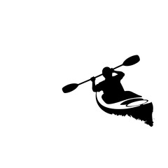 Silhouette of a man kayaking on water, a simple design representing freedom and adventure.