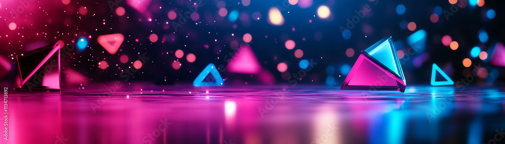 Poster colorful abstract shapes illuminated by vibrant lights in a dynamic background.
