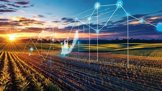 Smart farming technology Sunset over a field with digital network overlay.
