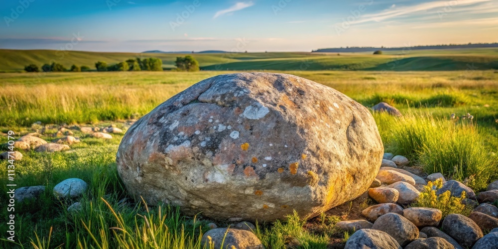 Poster a large, moss-covered boulder sits in a field of green grass, bathed in the warm glow of the setting