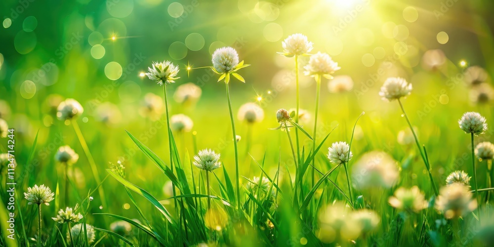 Aufkleber a field of white wildflowers basking in the golden light of the setting sun, with vibrant green gras