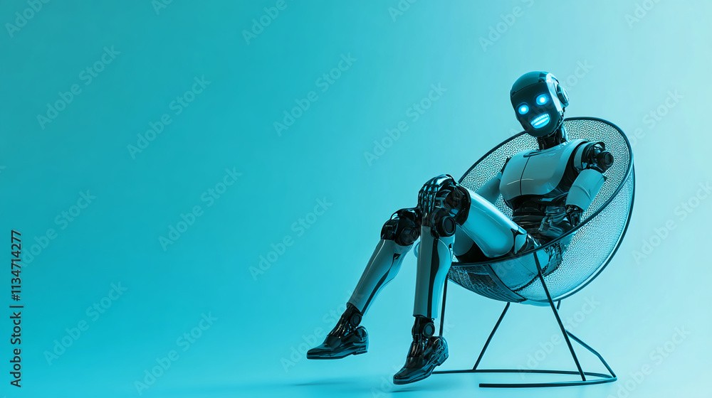Poster innovative robot relaxing in a modern chair with a futuristic aesthetic during a vibrant blue settin