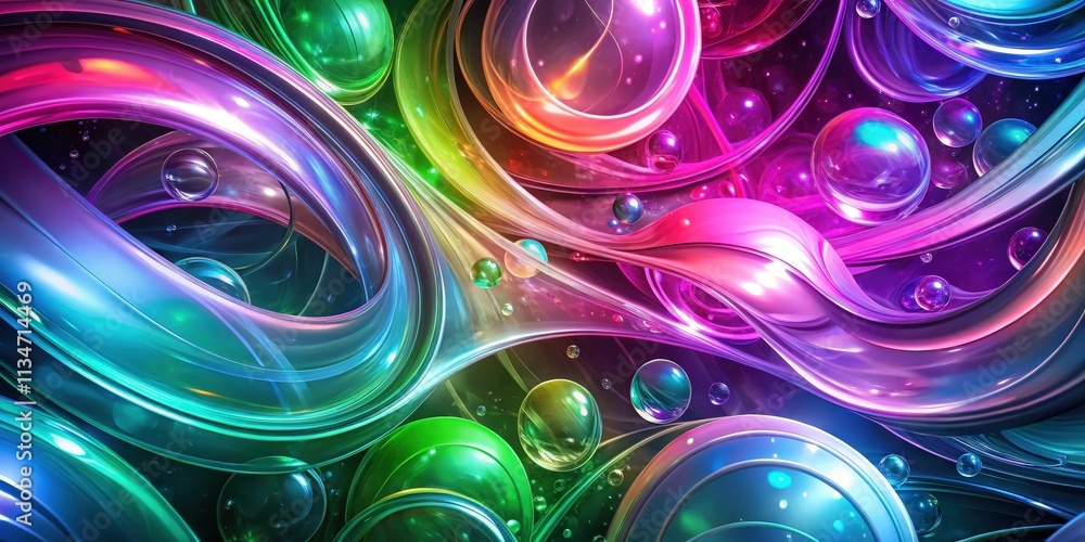 Poster a vibrant and abstract digital art piece featuring iridescent, flowing forms with a whimsical scatte