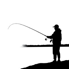 Silhouette of a man fishing on a lake or river.