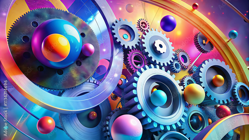 Poster a dynamic assembly of colorful gears and spheres showcases an intricate and vibrant abstract design,