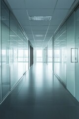 Modern Glass Walled Office Corridor With Bright Lighting