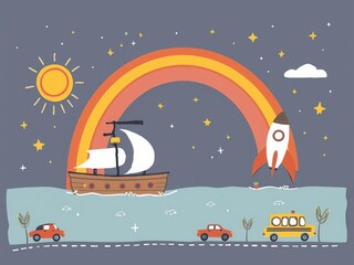 Naklejka premium Colorful bohemian nursery poster with cute cartoon characters and hand-drawn lettering featuring a sun, rainbow, bear, cars, ship, space rocket, and stars, space rocket, characters