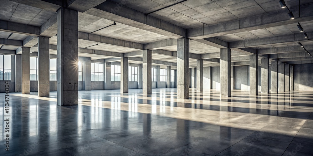 Poster Sunlight streams through expansive windows, illuminating the vast expanse of a concrete-framed interior, casting long shadows on the polished floor.
