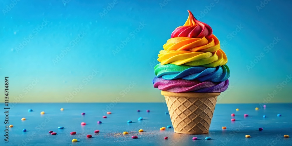 Poster a colorful swirl of ice cream in a waffle cone on a blue background