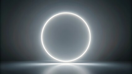 A glowing white circle illuminates the dark gray room, creating a modern and ethereal atmosphere