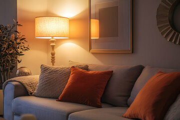 Cozy living room at night with warm lighting, comfortable sofa, and decorative pillows.