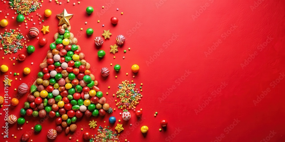 Poster a festive christmas tree crafted from colorful candy and decorated with sparkling ornaments, forming